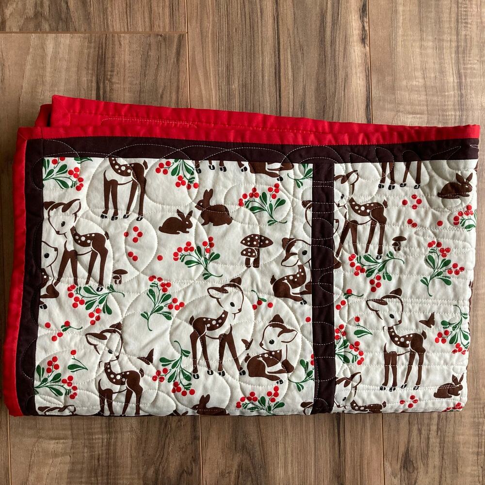 Handmade Baby Quilt Throw Decor Red Brown Woodland Friends Fawn Christmas 34x45 - Picture 6 of 7